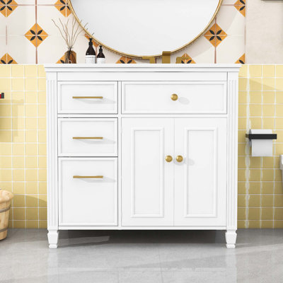 Meuble-lavabo avec lavabo en céramique, 3 tiroirs latéraux et tablette réglable