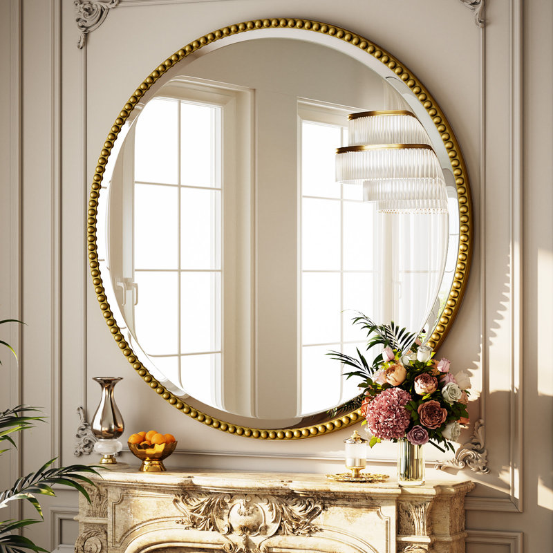 Beaded Round Wall Mirror Decorative Vanity Bathroom Mirror With Resin Frame, Gold, 32" H x 32" W