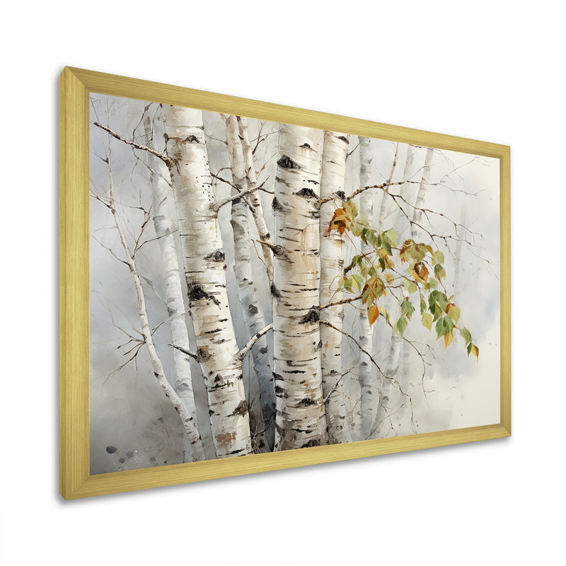 Beauté de bois de bouleau beige et gris II sur toile, Cadre photo doré simple, H 24 po x l 32 po x P 1 po