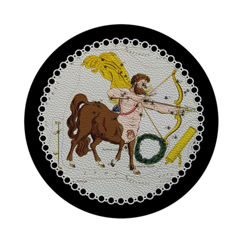Zodiac Sagittarius Black Vegan Leather Round Coasters, Black