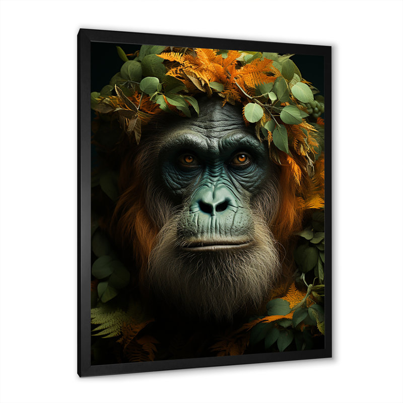 Singe orang-outan dans la jungle ensoleillée I, Cadre simple noir, H 32 po x l 16 po x P 1 po
