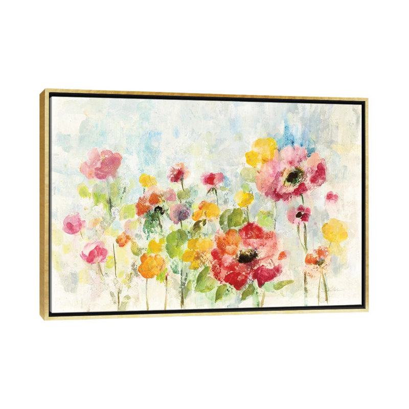 «Summer Rain Floral» par Silvia Vassileva - reproduction d'art, Pas de tapis, H 32 po x l 48 po x 1,5 po, Gold Framed