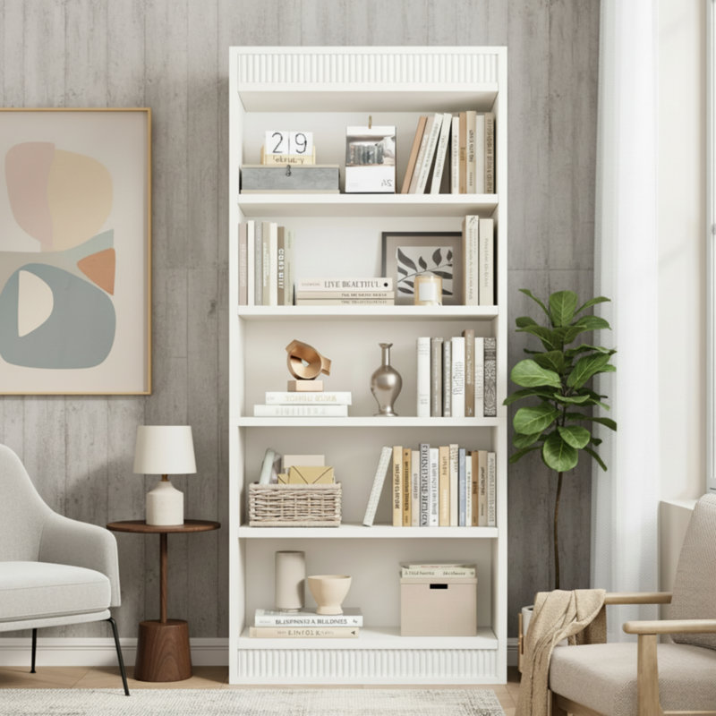 White 5-Tier Wooden Bookcase With A Farmhouse Retro Style, Featuring A Double-Grooved Design And A Wooden Base; Suitable For Offices/Libraries.