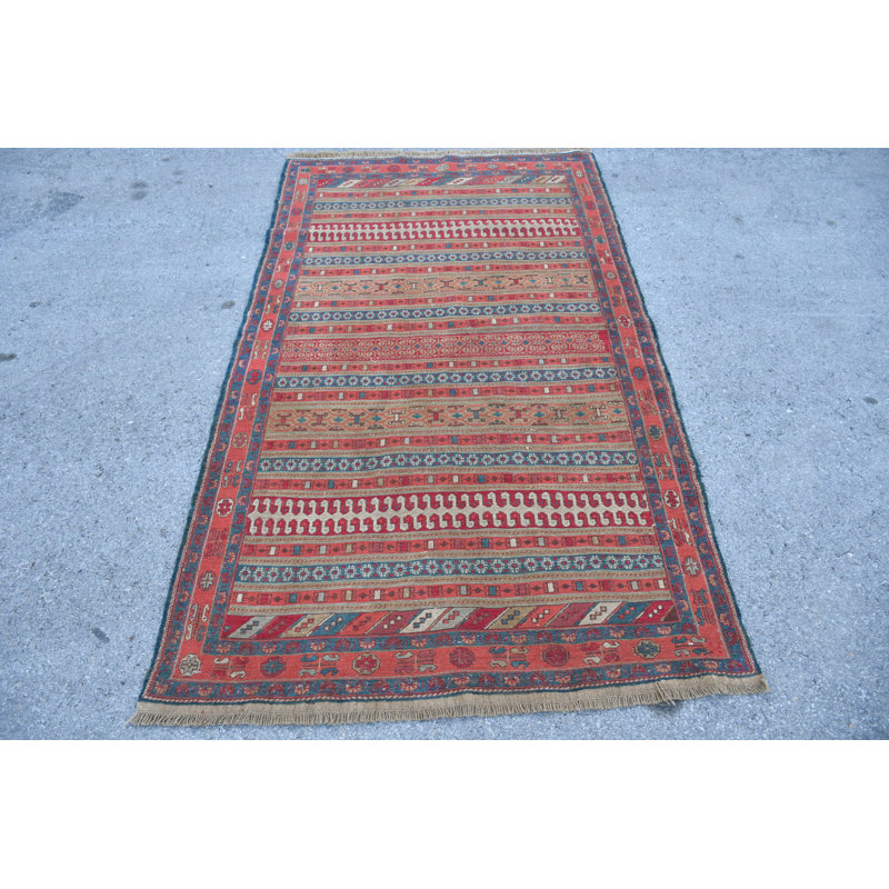Tapis kilim rétro: tissu anatolien tissé à la main avec motif rayé de style turc traditionnel bleu / rose