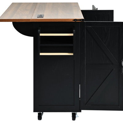 54.5" Black Kitchen Island With Spice Rack And Charging Station Large Internal Shelf Power Station, X 29.48" 36.5