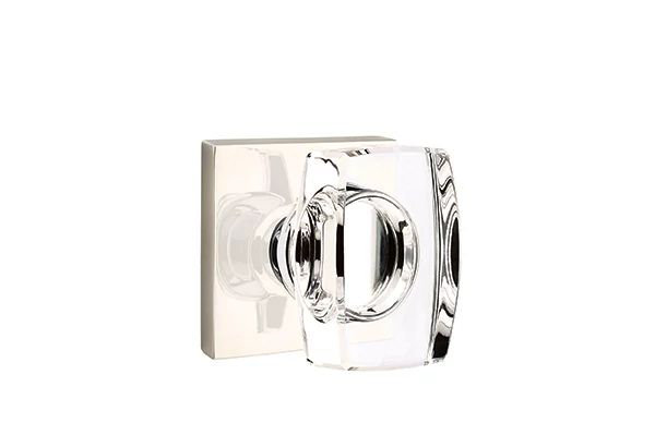 Ensemble de mortaise intérieure Emtek avec rosette carrée et poignée en verre Windsor (LH), Nickel poli