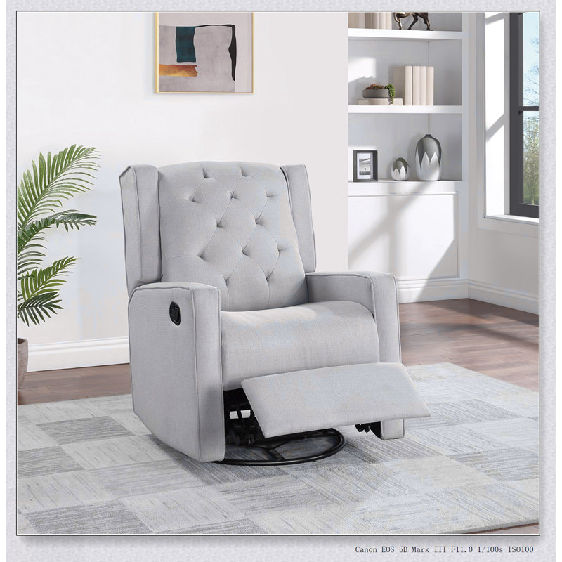 Contemporary Light Gray Polyfiber Swivel Recliner With Tufted Wing Back And Glider Function For Comfortable Living