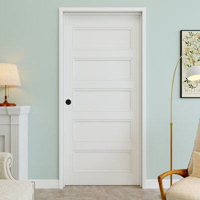 Porte pré-suspendue intérieure moulée 36 po x 80 po à 5 panneaux avec bouton rond et charnières noires, dalle de porte unie, peignable et imperméable, combinaison pour la lessive, portes de placard, portes de pièce, droite