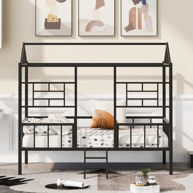 Twin Size Metal House Bed Frame with Slatted Support - No Box Spring Needed &amp; Strong!, Black