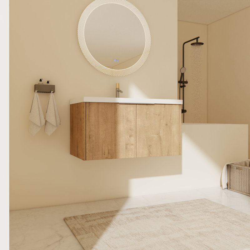Meuble-lavabo mural simple 35,43 po avec plateau en résine Beykoy, Imitation chêne
