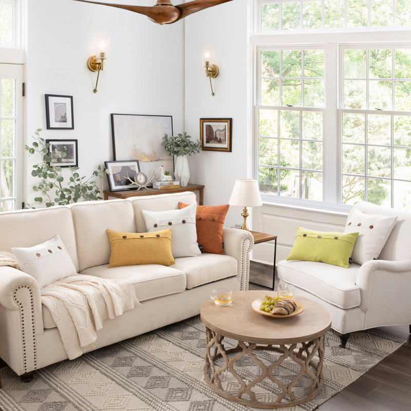 Triple Buttons Cotton Blend Series Farmhouse Square Decorative Throw Pillow Cover & Insert(Set Of 2), 18" x 18", Light Gray