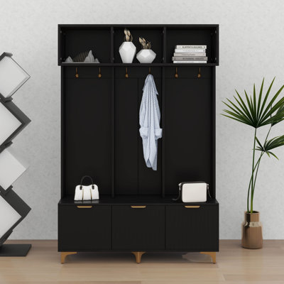 Arbre de luxe avec 6 crochets dorés et pieds dorés, armoire de rangement pour chaussures avec 3 portes cannelées ultrabrillantes