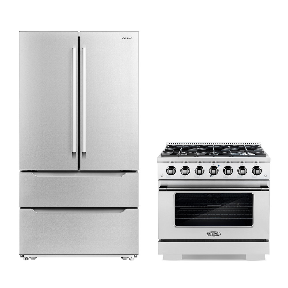 Cosmo 3 Piece Kitchen Appliance Package with French Door Refrigerator , 36'' Gas Freestanding Range Cosmo 