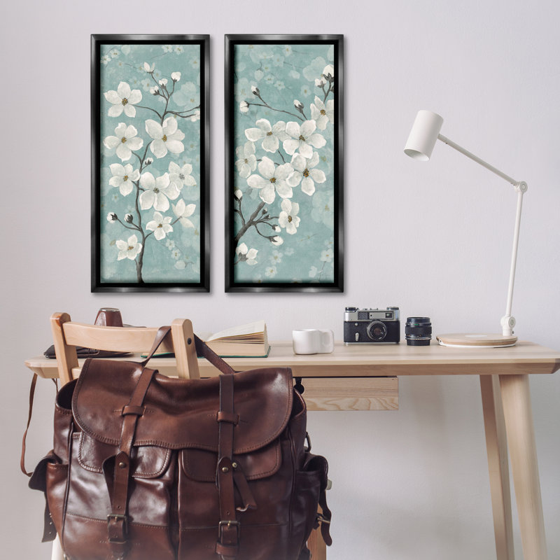 Green Toned Blossoms 2pc Floating Frame Set, design by Tava Studios, 31" H x 15" W, Jet Black Floater Frame