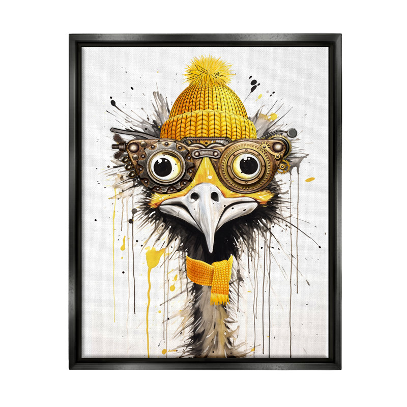 Emu Steampunk jaune, Cadre flottant noir de jais, H 21 po x l 17 po x P 1,7 po