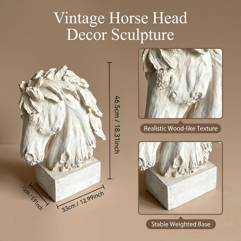 Sculpture tête de cheval en bois patiné, buste en polyrésine fabriqué à la main 19 po pour décor de maison de campagne moderne