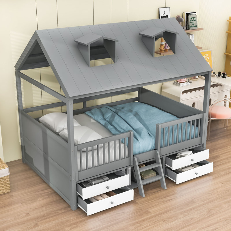 Lit maison en bois 4 tiroirs avec lanterneaux et tablettes, Gris, Double