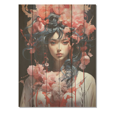 Dreaming Asian Woman Portrait - Asian Art Wood Wall Art On Natural Pine Wood