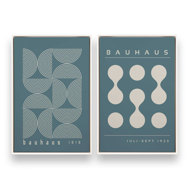 «Bauhaus Flow and Composition» en bleu tempête II, ensemble de 2, Cadre flottant blanc opaque, H 19 po x l 26 po