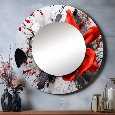 Patericia Red Grey Botanical Symphony I - Botanicals Wall Mirror, Red Round Decorative Mirror, Printed Metal Art