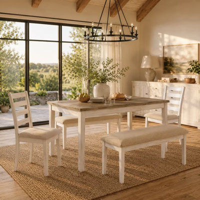 6 - Person Farmhouse Solid Wood Four Leg Dining Set With 59" Dining Table And 2 Upholstery Benches