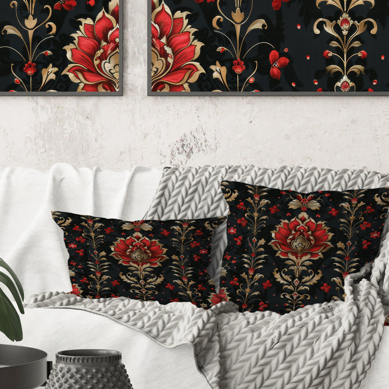 Beauté rouge et noire damassée - Coussin damassé, Forme rectangulaire, H 12 po x l 20 po