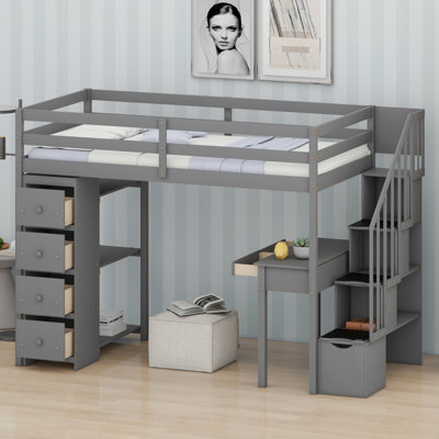 Structure de lit mezzanine avec tiroirs de rangement, bureau, escaliers et tablettes