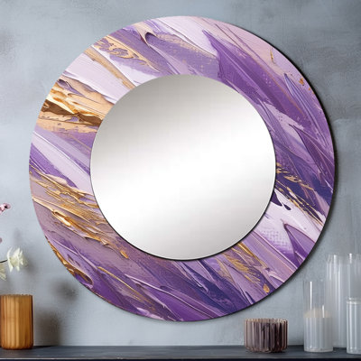 Abstractions dynamiques mauves et dorées II - miroir abstrait, miroir mural rond unique mauve, impression sur métal