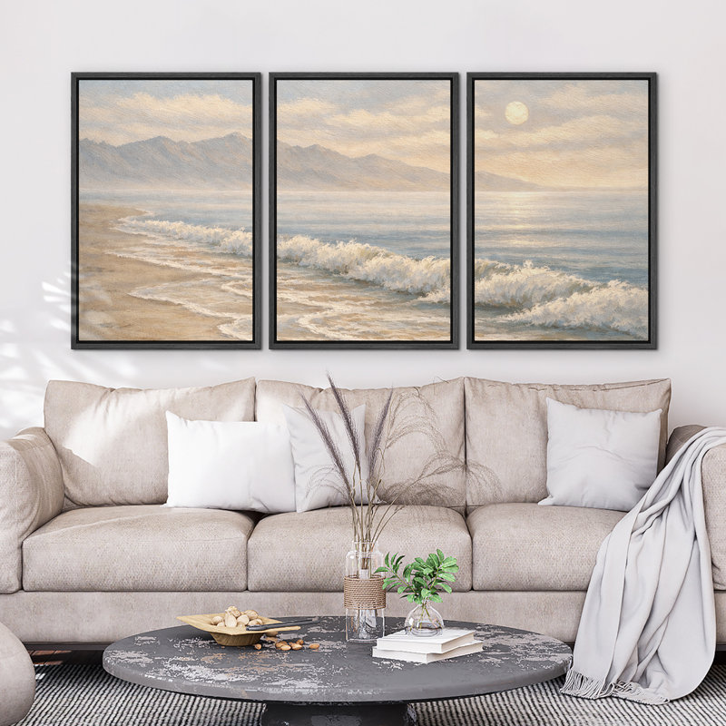 Soft Coastal Waves Sunset Beach Landscape Calm Seaside Scene Wall Decor for Living Room Bedroom Framed Canvas Master Bedroom Wall Art Work 3 Pieces Print