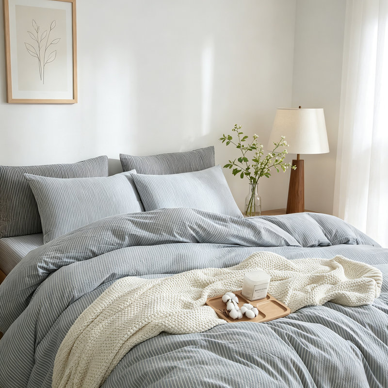 Ensemble de literie rayé en coton délavé 3 pièces, King Duvet Cover + 2 King Pillowcases, Rayures blanches / bleu clair