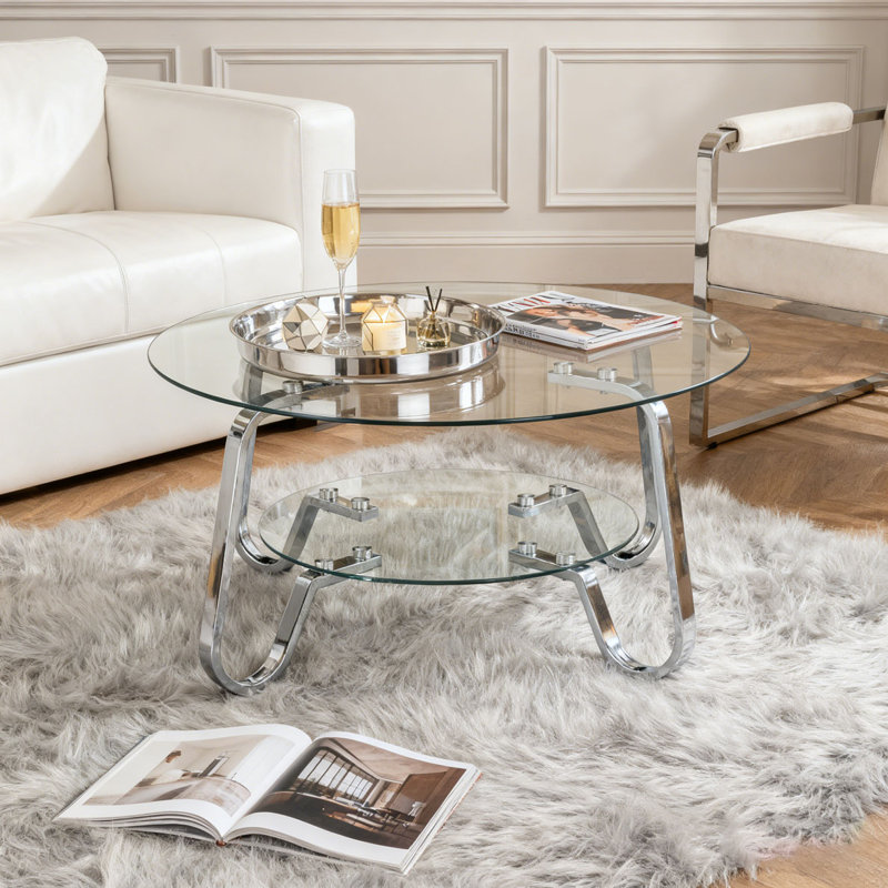 Retro minimalist style metal frame double-layer tempered glass coffee table, size 31.5 * 31.5 * 17.7 inches, Silver