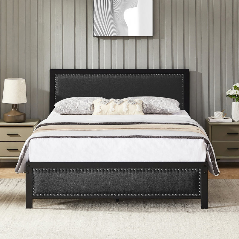 Genard Bed Frame Linen Upholstered Headboard with Nailhead Trim Heavy-Duty Full Size Platform with Strong Metal Slats, No Box Spring Needed, Under Bed Storage