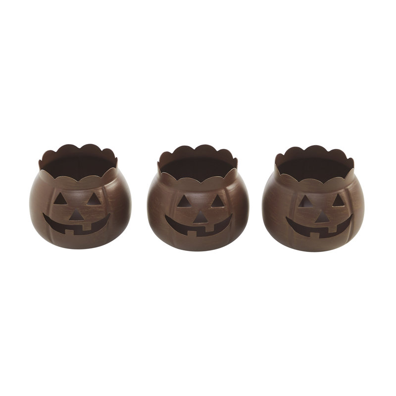 Jack-O-Lantern Candle Holder Set of 3 - 3x3.5x3.5, Brown