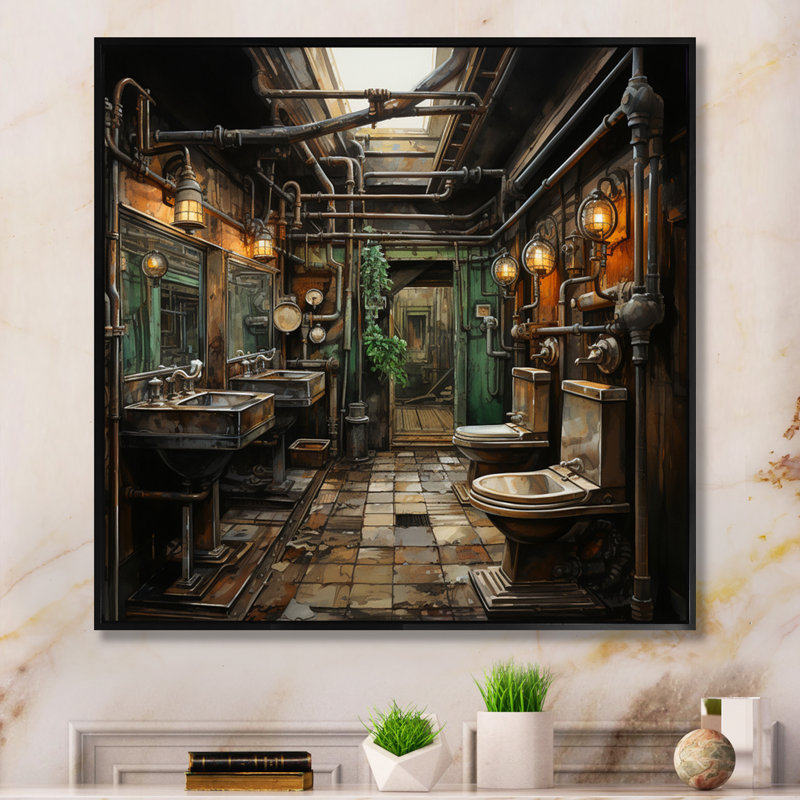 Toilette industrielle élégance mixte I - Art mural de toilette, H 16 po x l 16 po x P 1 po, Cadre flottant noir