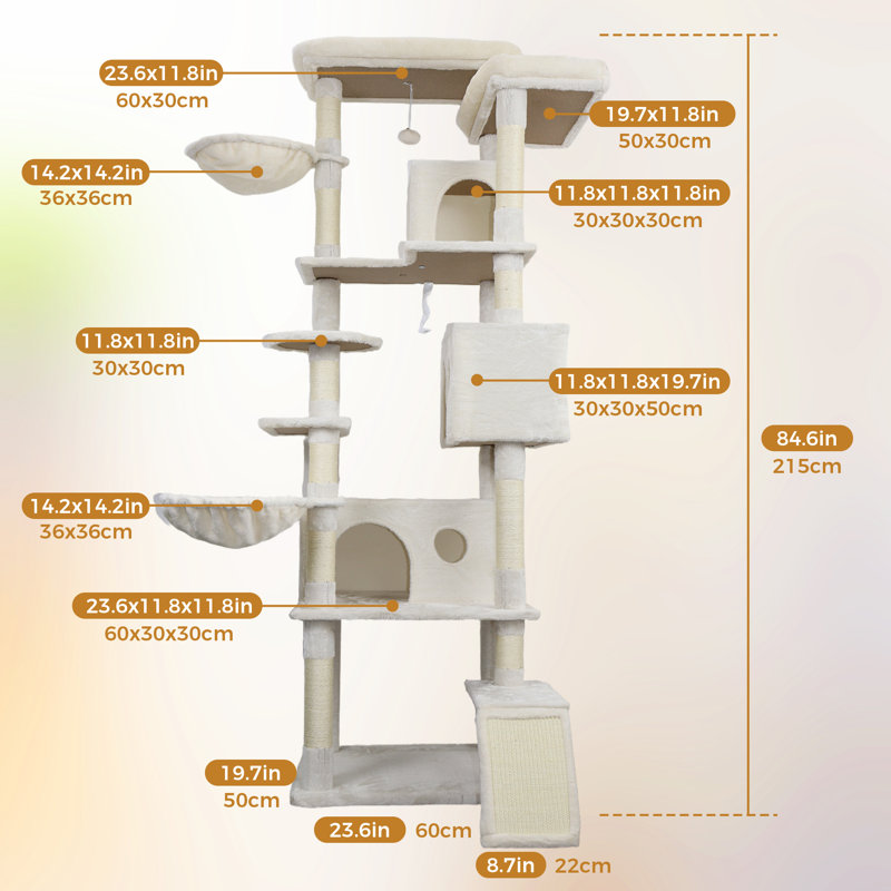 Tour pour arbre à chat de 84 pouces avec grand condo, poteaux à griffer en sisal, perchoirs moelleux et hamac pour chats multiples - maisonnette robuste à plusieurs niveaux
