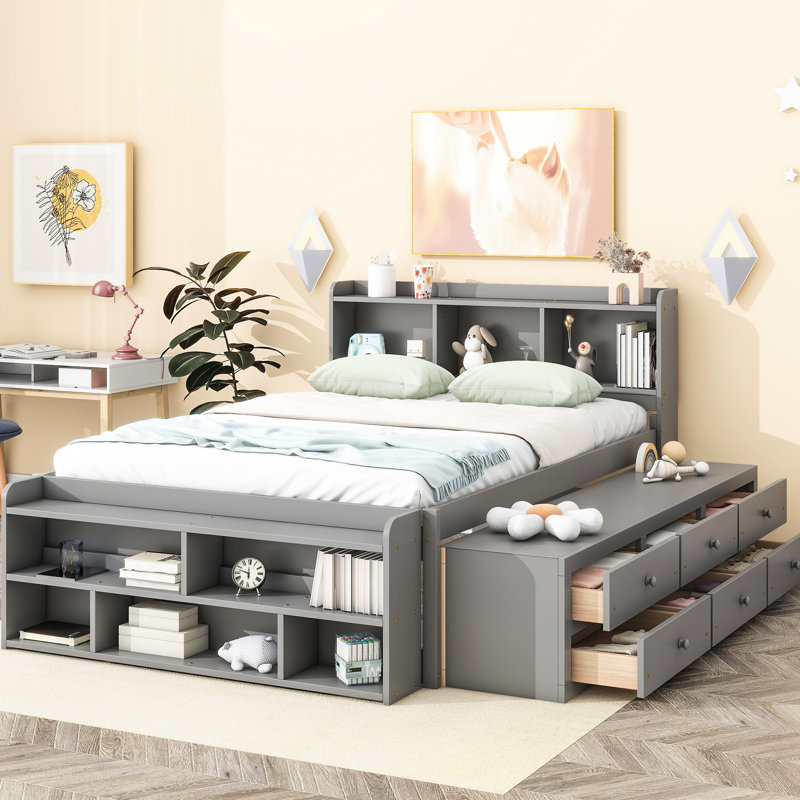 Grey Full Bed Featuring Storage Headboard And Underbed Case In With Long-Lasting Bookcase Options