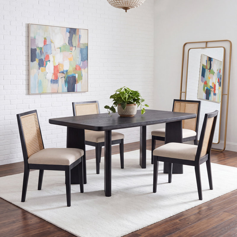 Dining Set Mid-Century Modern Wooden Table & Upholstered Chair Set For Home, Kitchen, Dining Room, 5 Pieces: Table, 4 Chairs