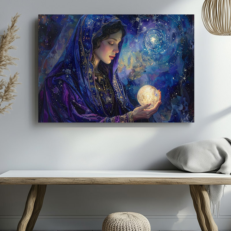 Toile, art mural, femme voilée céleste, orbe et divin féminin divin, H 11 po x l 14 po