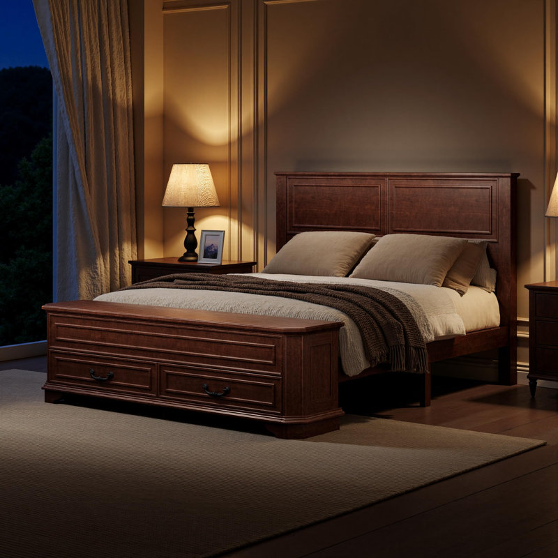 Structure de lit grand de style ferme avec tête de lit et banc de rangement avec 2 grands tiroirs pour la chambre à coucher