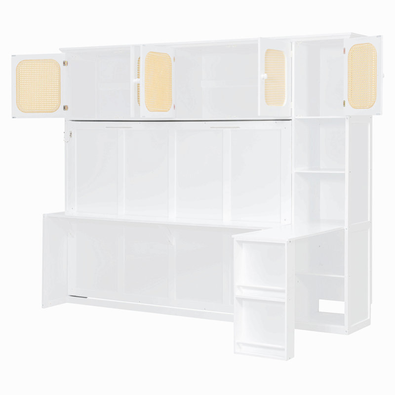 Lit escamotable double avec bureau et armoires en rotin, lit mural peu encombrant pour le bureau à domicile, White