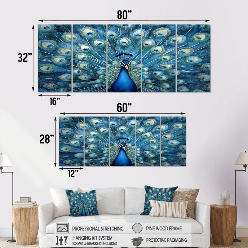 «Royal Peacock Feather présent II», art mural animal paon - décoration murale moderne, H 28 po x l 60 po
