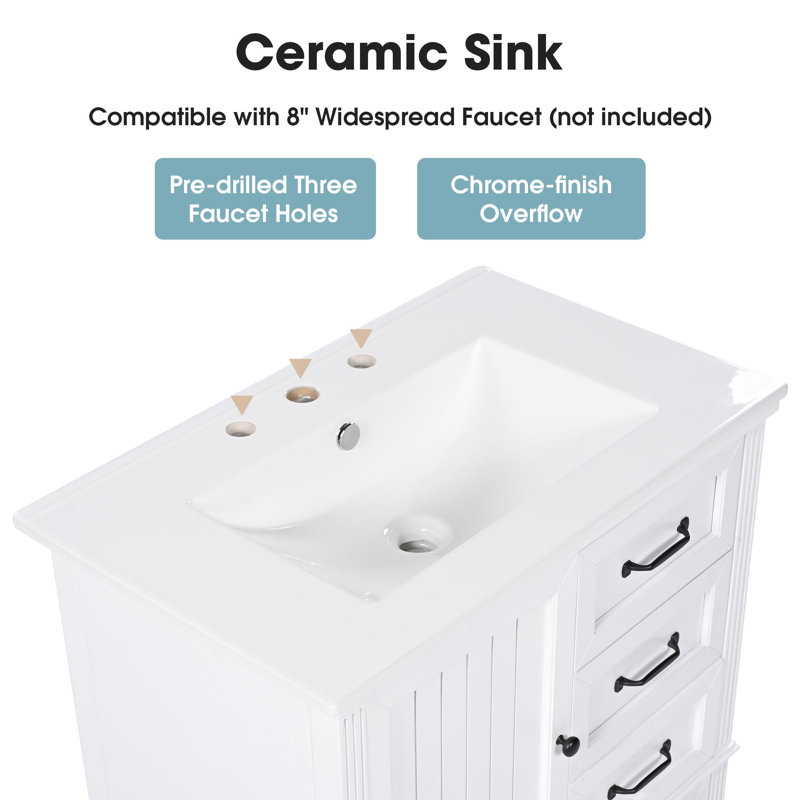 Meuble-lavabo de 30 po avec lavabo et rangement polyvalent, Blanc