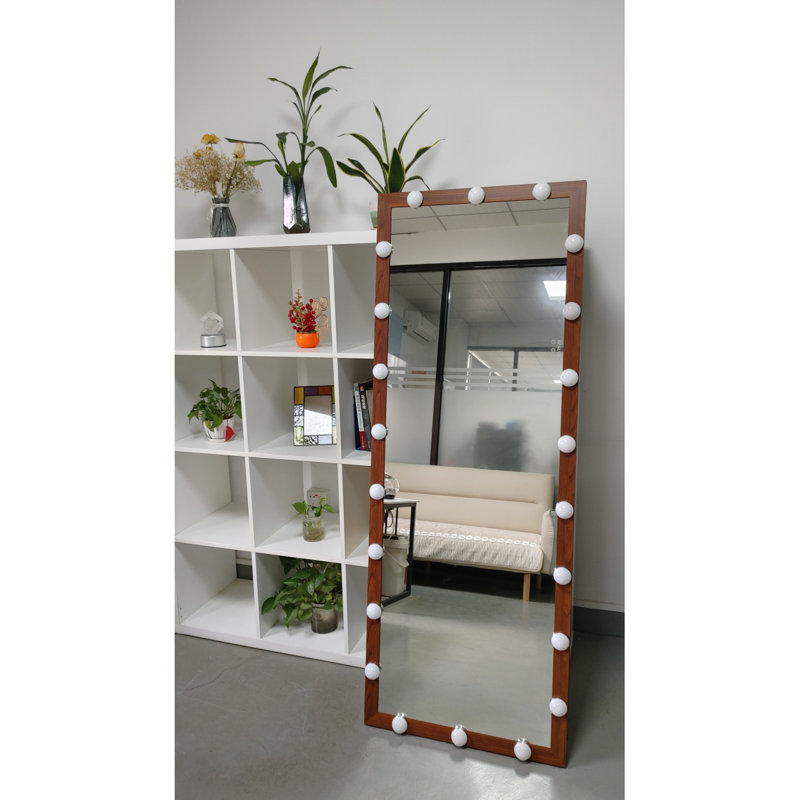 Hollywood Full Length Mirror With Lights Full Body Vanity Mirror With 3 Color Modes Wall Lighted  Standing Floor Mirror For Dressing Room Bedroom Hotel Touch Control Walnut 62.6"X23.3"