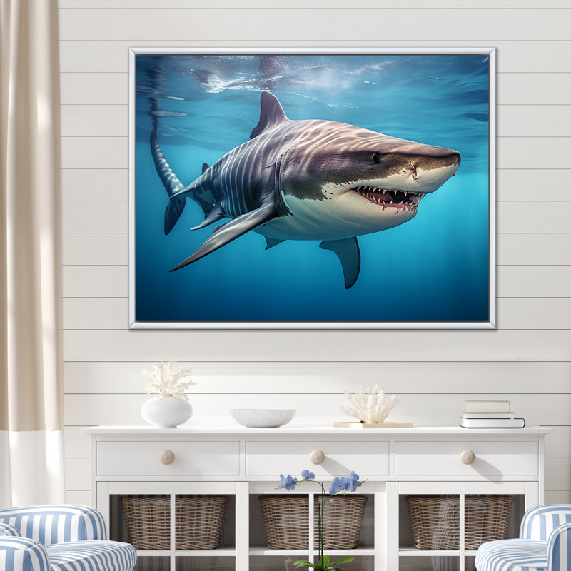 «Tiger Shark Territory III» sur toile, H 16 po x l 32 po x P 1 po, Cadre flottant blanc
