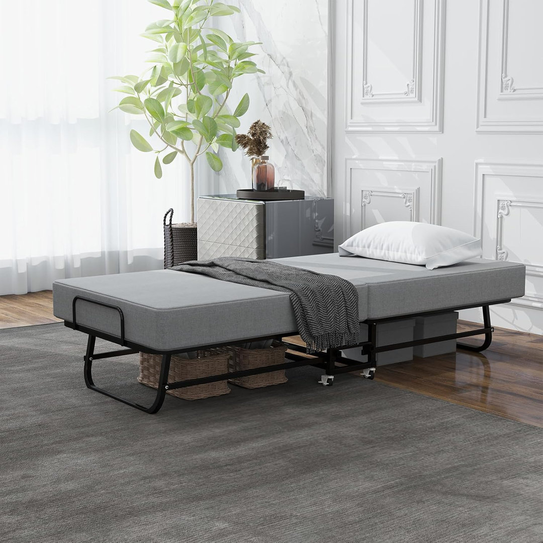 Folding Bed With Mattress, Portable Fold Up Bed For Adults, Space Saving Foldable Single Guest Bed On Wheels, 6Cm Thick Memory Foam Mattress And Metal