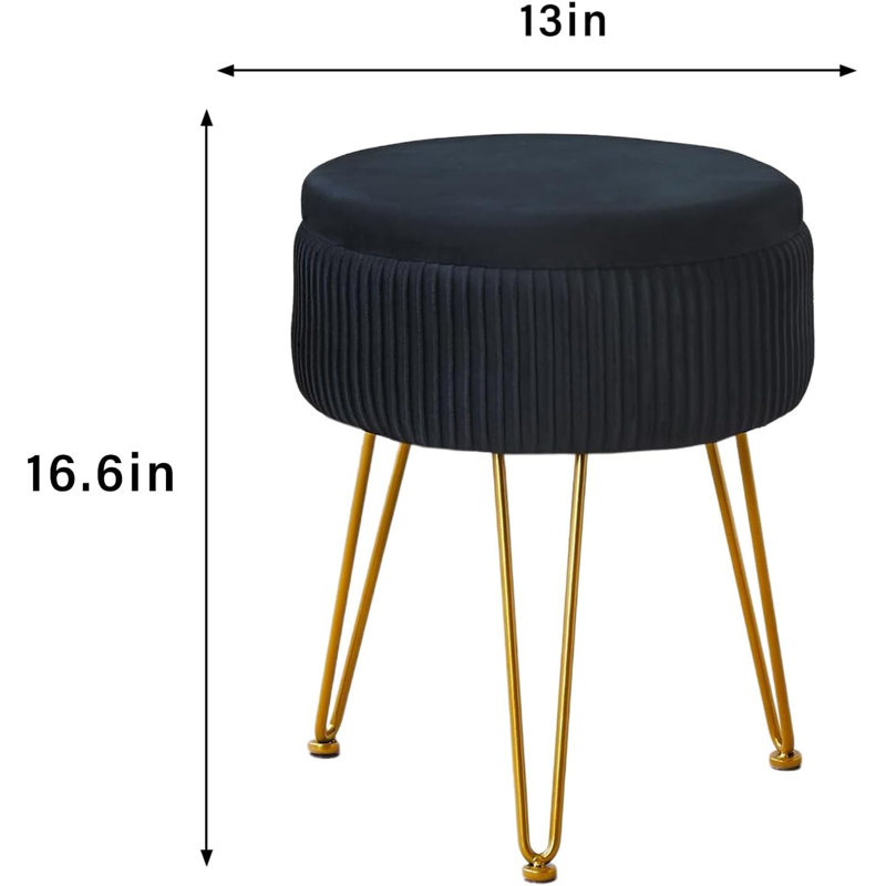 Repose-pieds rond en velours avec rangement, Noir, noir, noir, noir