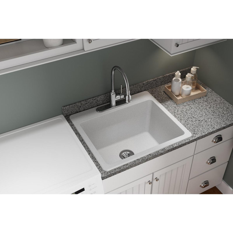 Quartz Classic 25" x 22" x 11-13/16" Drop-In Laundry Sink with Drain Assembly and Basket Strainer, White