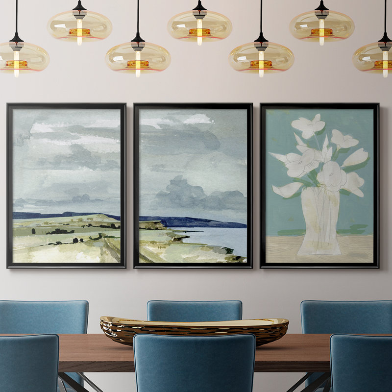 Coastal Blues Watercolor II - Toile tendue avec châssis sur mesure - 3 pièces, H 27 po x l 57 po, Noir, noir, noir, noir