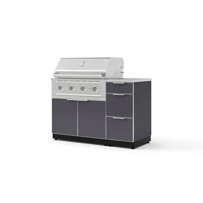 Ensemble d'armoires d'extérieur 4 pièces en aluminium gris ardoise avec 3 tiroirs, armoire de barbecue, gril au gaz naturel 36 po et plateau en acier inoxydable 16 po