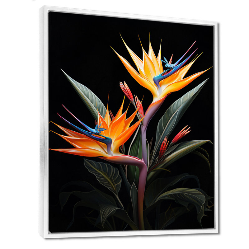 Oiseaux du paradis II - impressions murales florales et botaniques, H 32 po x l 16 po x P 1 po, Cadre flottant blanc